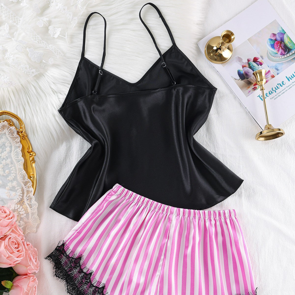 Womens Satin Pajamas Striped Cami Top And Shorts Lace Panel Design Set