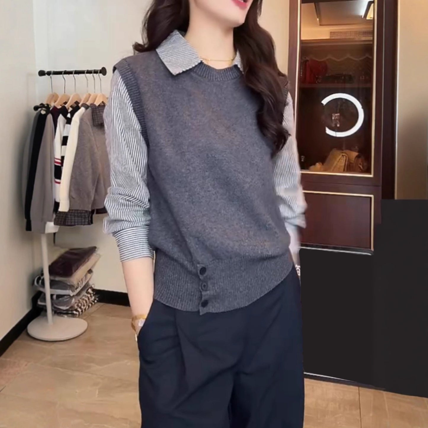 High-grade Fake Two-piece Striped Shirt Stitching Sweater For Women