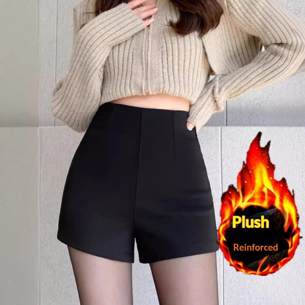 Black Thickened And Fleece-lined Shorts For Women Autumnwinter Petite Style High Waist