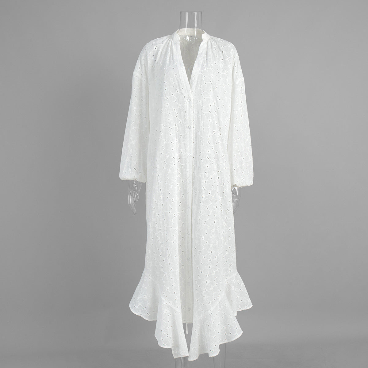 Loose-fitting, Single-breasted Embroidery Dress With Ruffled Hem