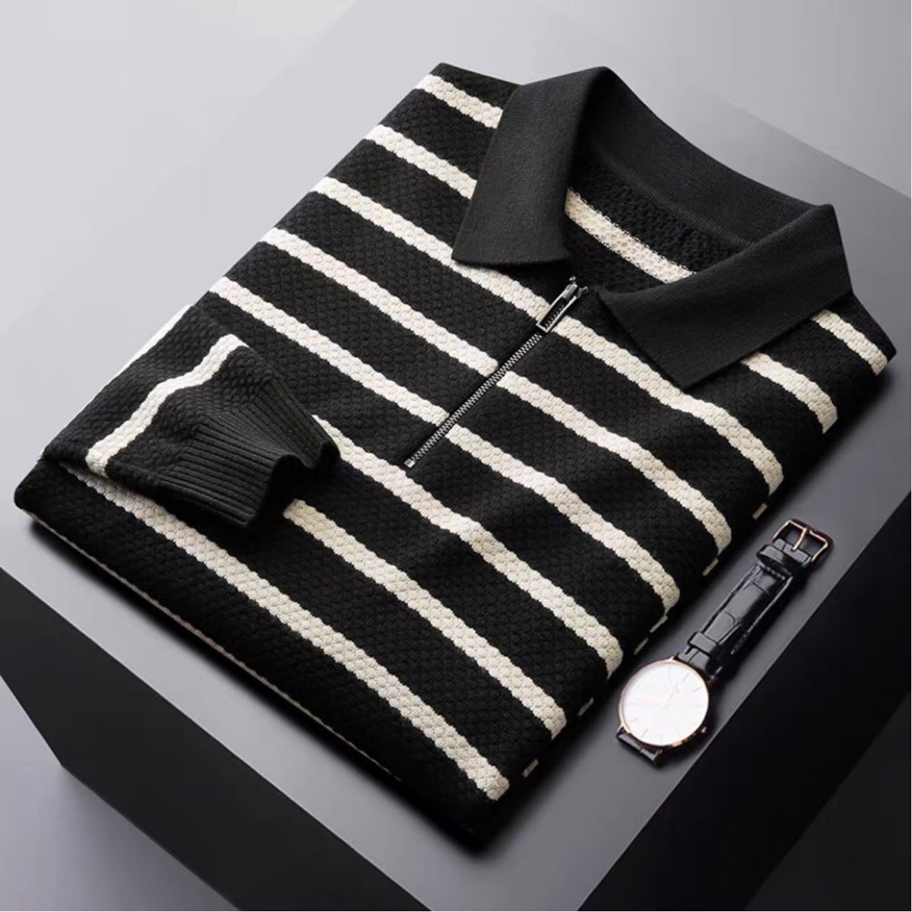 Efterår og Vinter Kollisionsfarve Stribet Polo Shirt Langærmet Herre Sweater