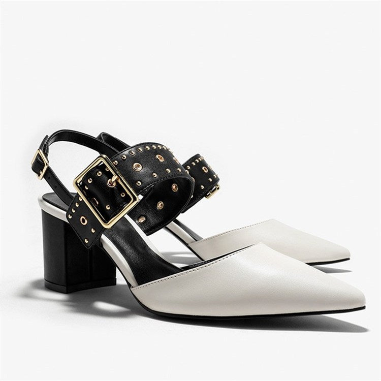 Thick-heeled Sandals With One-word Buckle Back Empty Willow Studs, Pointed Toe And Shallow Mid-heel Shoes