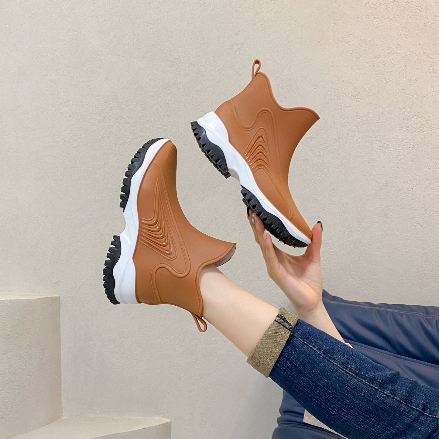 Fashion Color Blocking Thick Sole Low Top Women's Rain Boots