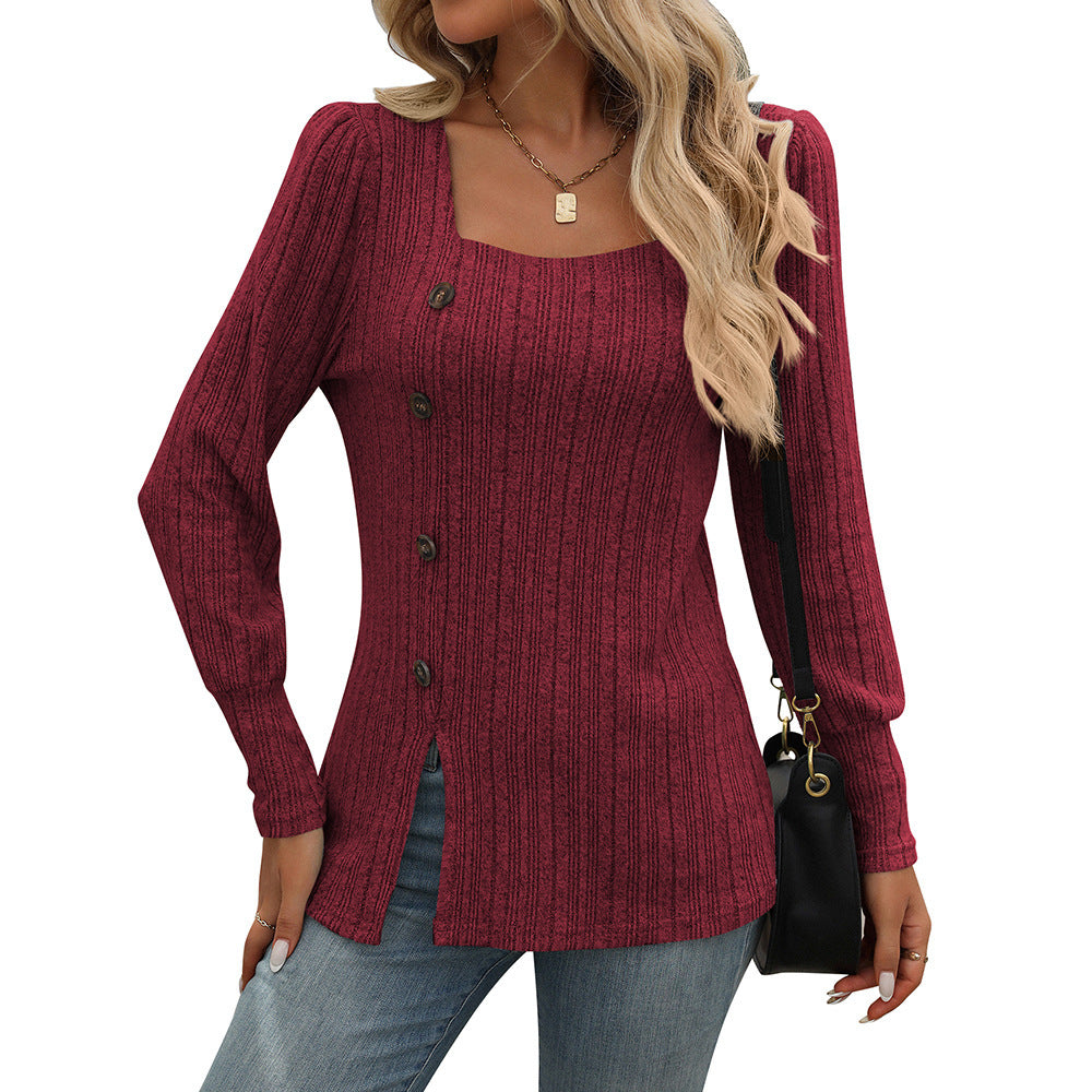 New Square Collar Sunken Stripe Brushed Solid Color Top Long Sleeve