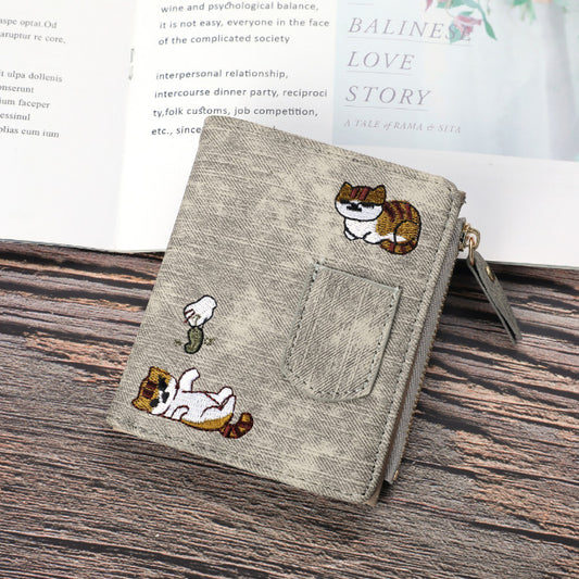 Jeans Style Wallet Cat Embroidered Canvas Large-capacity Wallet