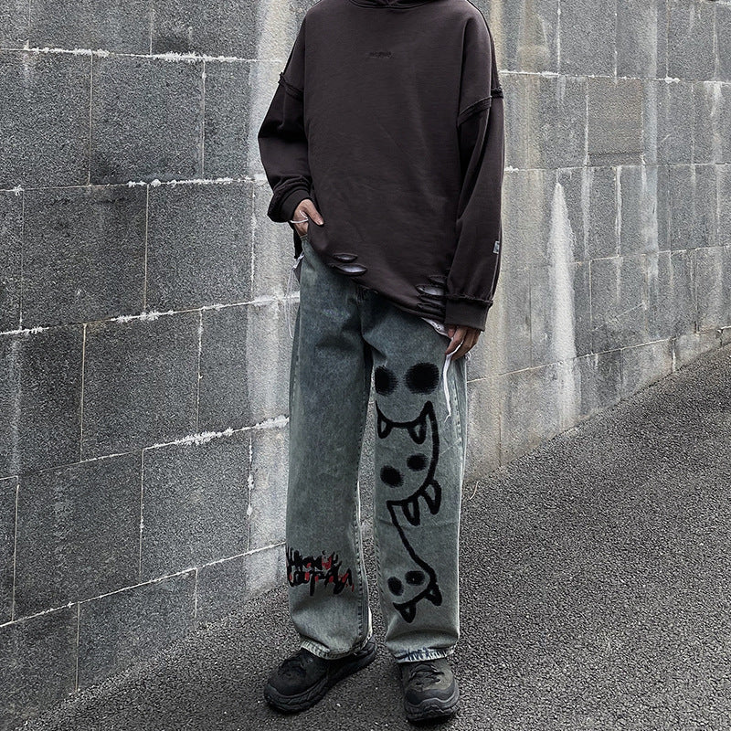High Street Hip-hop Graffiti Print Loose Drape Mopping Straight Casual Denim Trousers For Men And Women