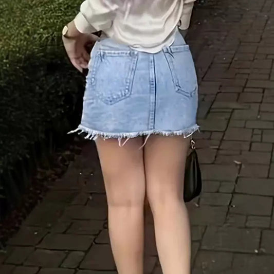 Ripped Denim Mini With Raw Hem Street-style Casual Denim Skirt Featuring Pockets
