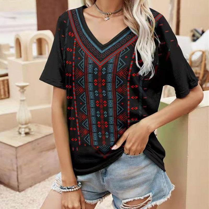 Women's Ethnic Style 3D Color Creative Fashion V-Neck T-Shirt