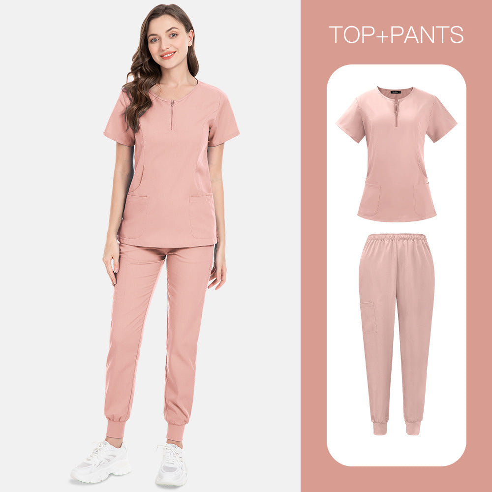 Zip-front Half-zip Collar Scrub Cream Set With Long Pants