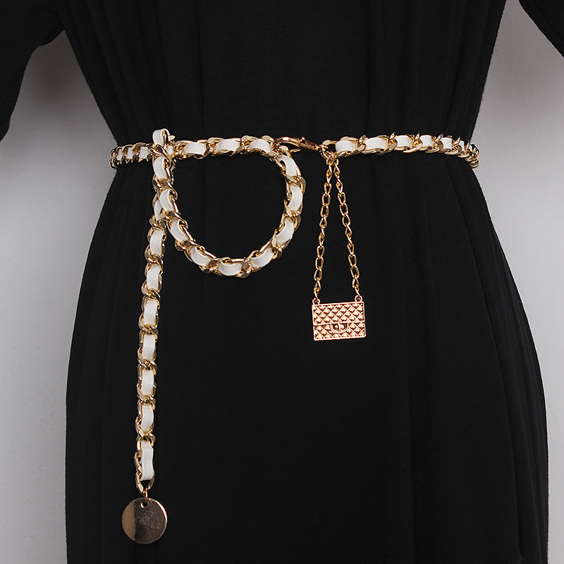 Metal Leather Braided Chain Mini Pendant Waist