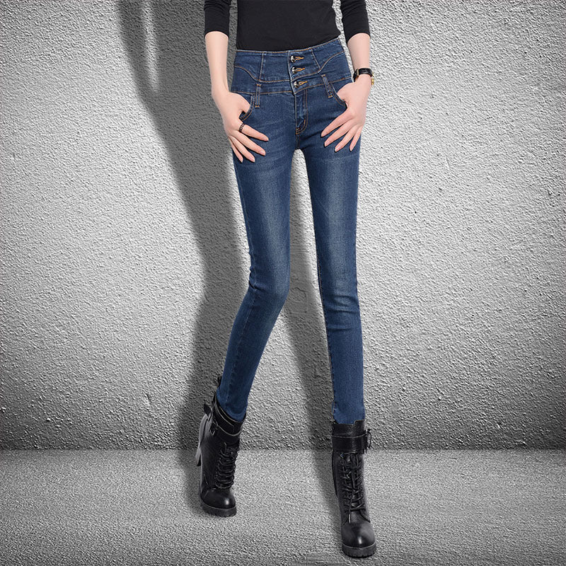 Spring And Autumn Korean Style High Waist Slim Slimming High Stretch Cotton Jeans