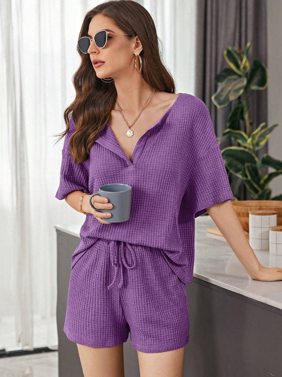 New Womens Short-Sleeve Waffle-Weave Casual Set