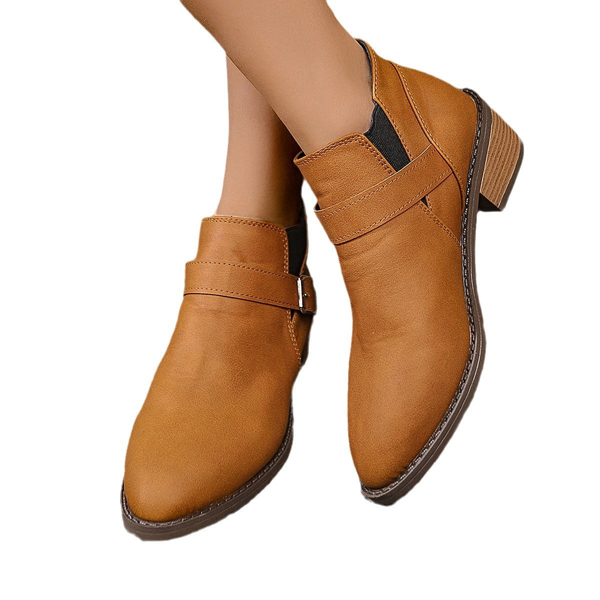 Roman Style Thick Heel Pointed Belt Buckle Casual Boots