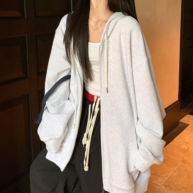 Solid Color Zipper Sweater Coat Women's Autumn Korean Style Hooded