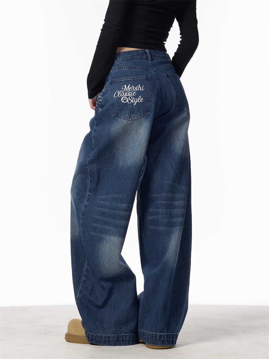 Vintage Floral Embroidered Straight Jeans Women Loose Casual Wide-leg Trousers