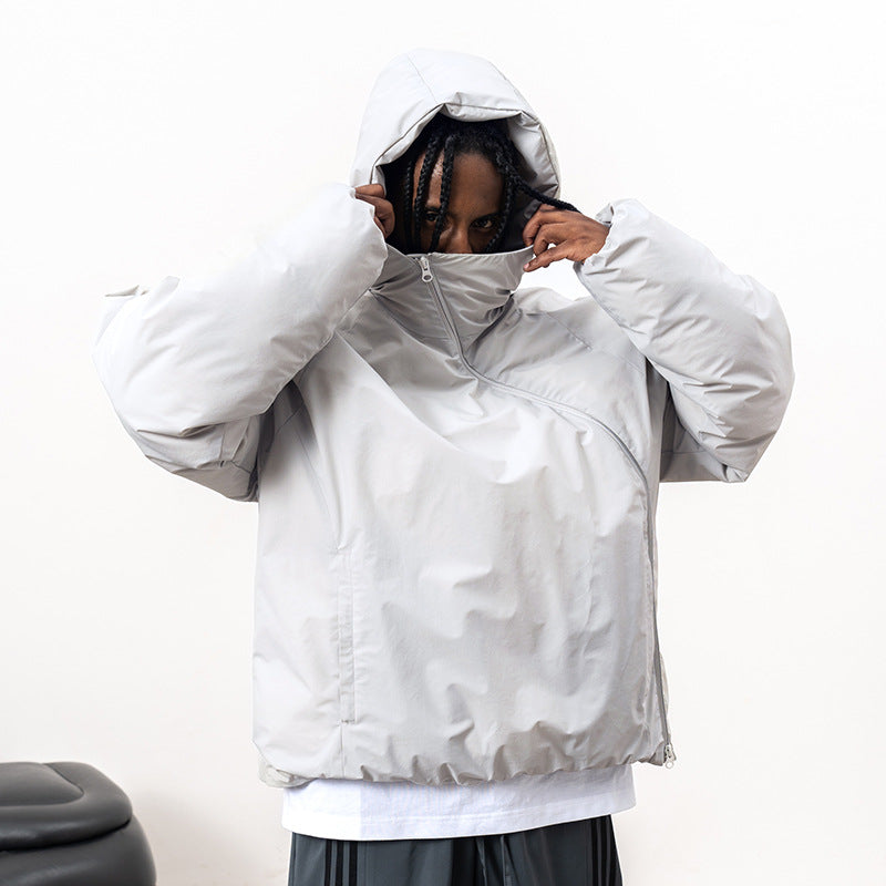 Men's Functional Oblique Zipper Hooded Loose Coat