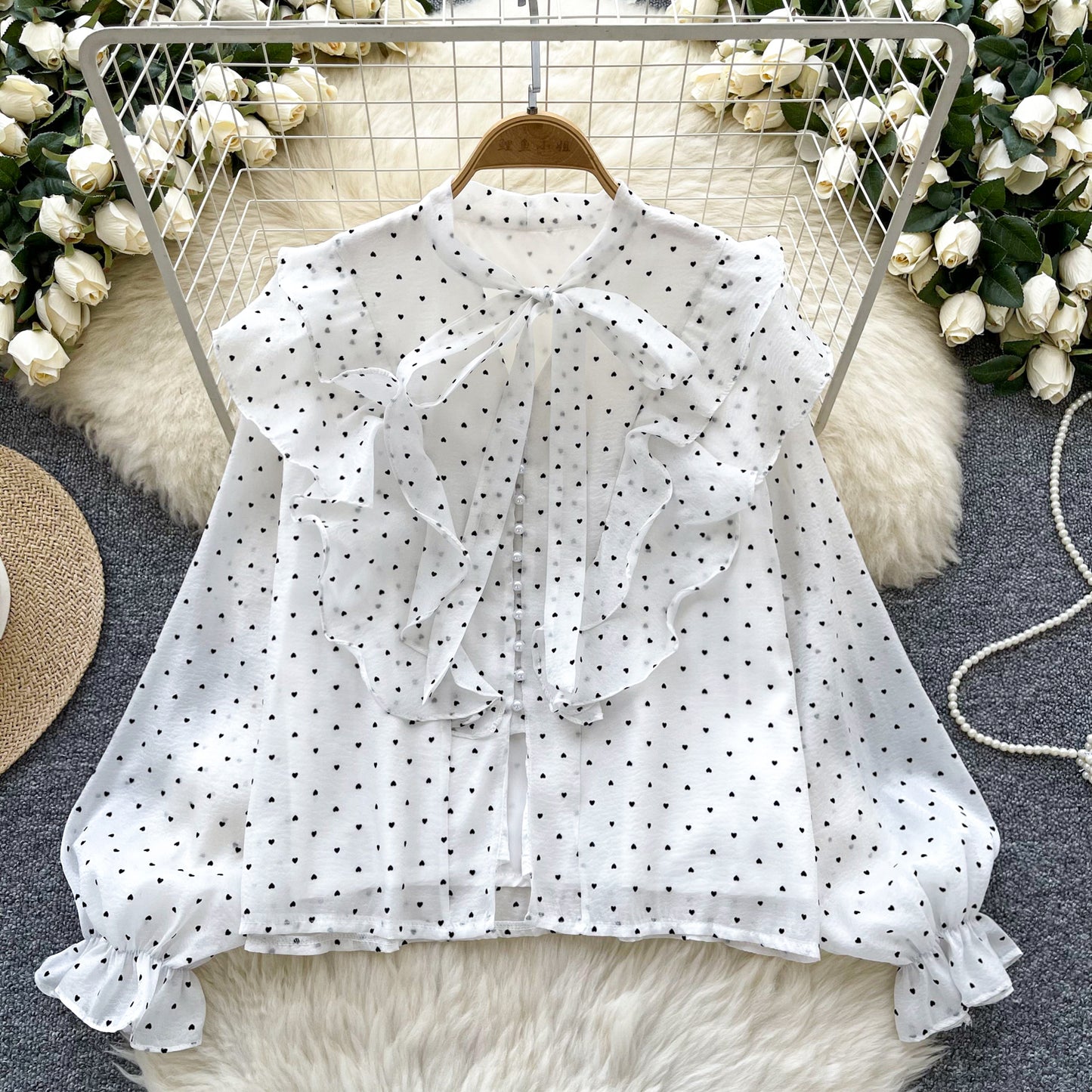 Ruffled Patchwork Heart-print Chiffon Top