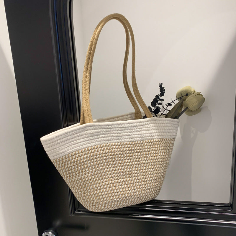 Spring Contrast Color Straw Bag Large Capacity