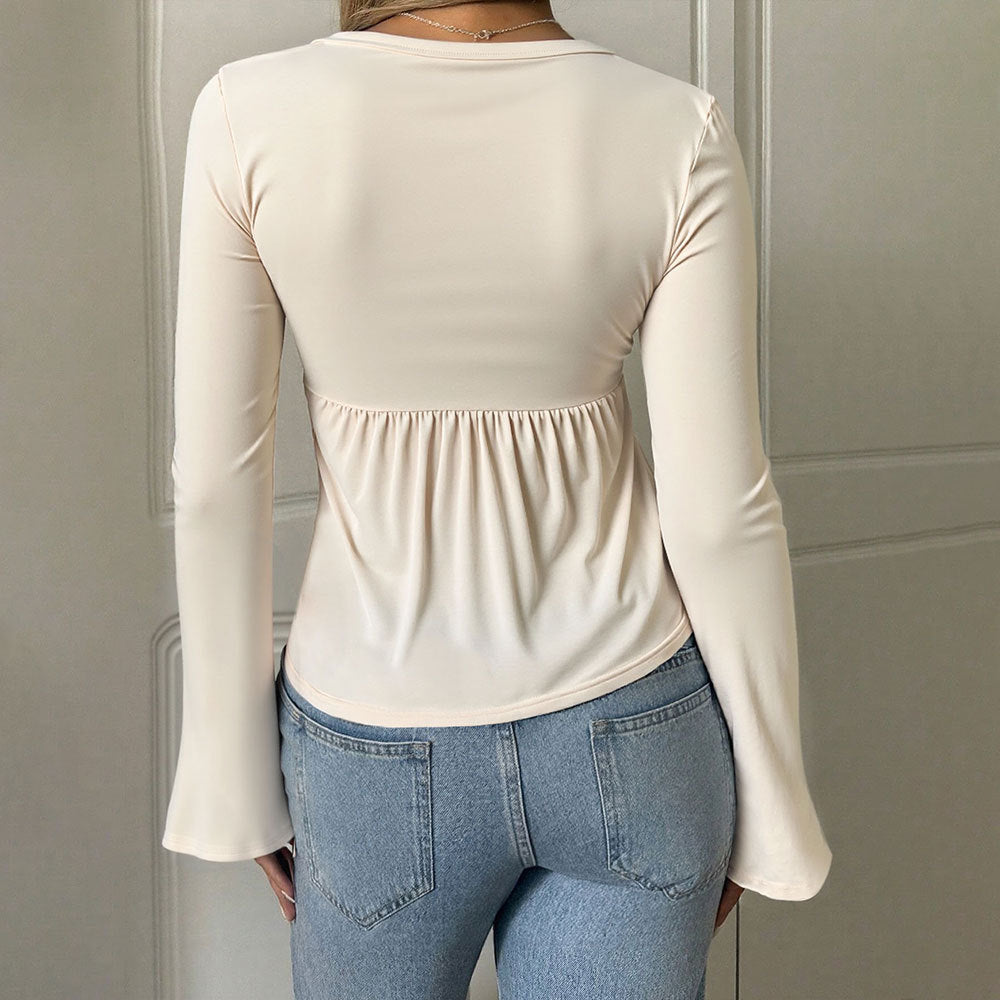 V-neck Long-sleeved Elegant Casual T-shirt Solid Color Pullover Ruffled Top