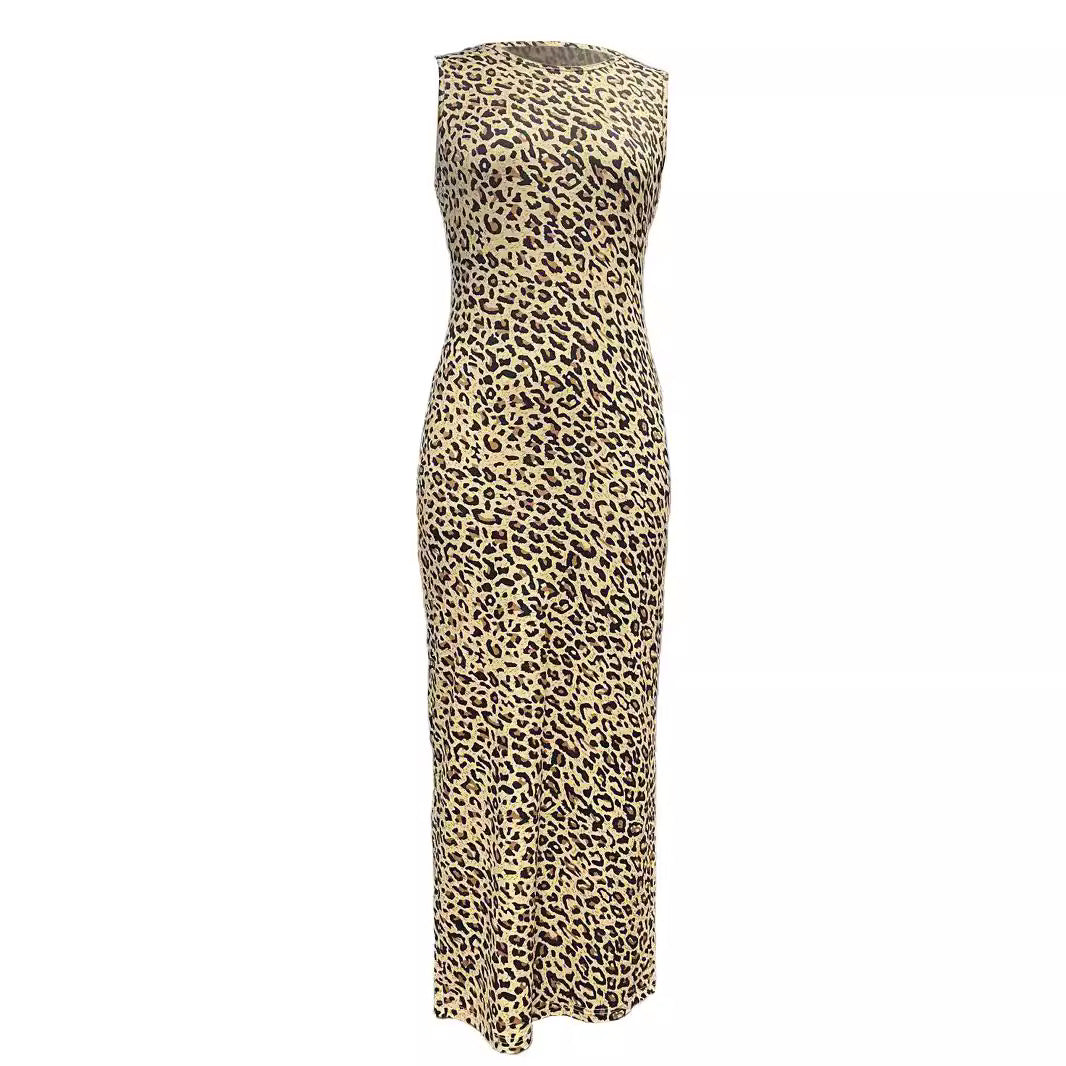 Long-sleeve Crew-neck Fashionable Leopard-print Knitted Sleeveless Bodycon Dress