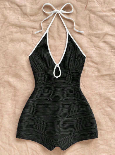 Slimming Halter Jumpsuit Bikini In Solid Color Body-Flattering Tummy-Hiding Waist-Slimming And Sun-Protective