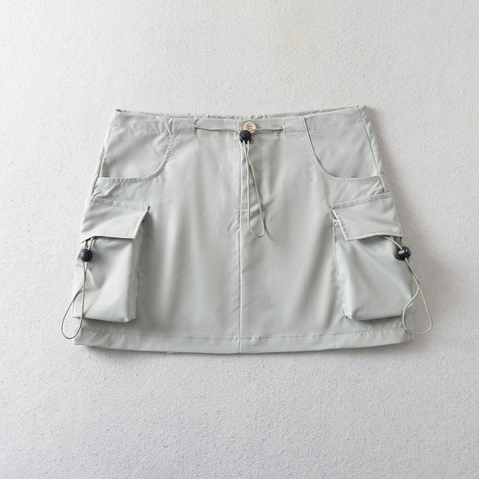 Low Waist Drawstring Elastic Side Workwear With Pocket Skirt