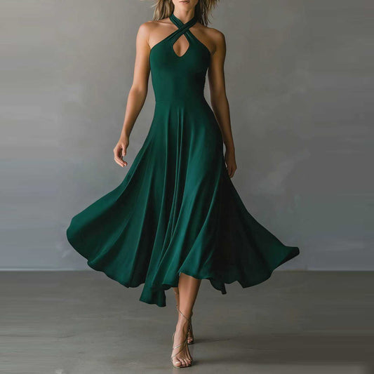 Womens Retro Elegant High-Neck A-Line Long Dress