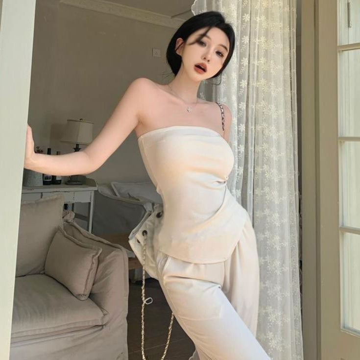 Lady's Sexy Vest High-waisted Casual Wide-leg Pants Two-piece Set