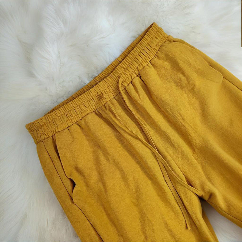 Summer Cotton And Linen Women's Ninth Elastic Waist Casual Pants