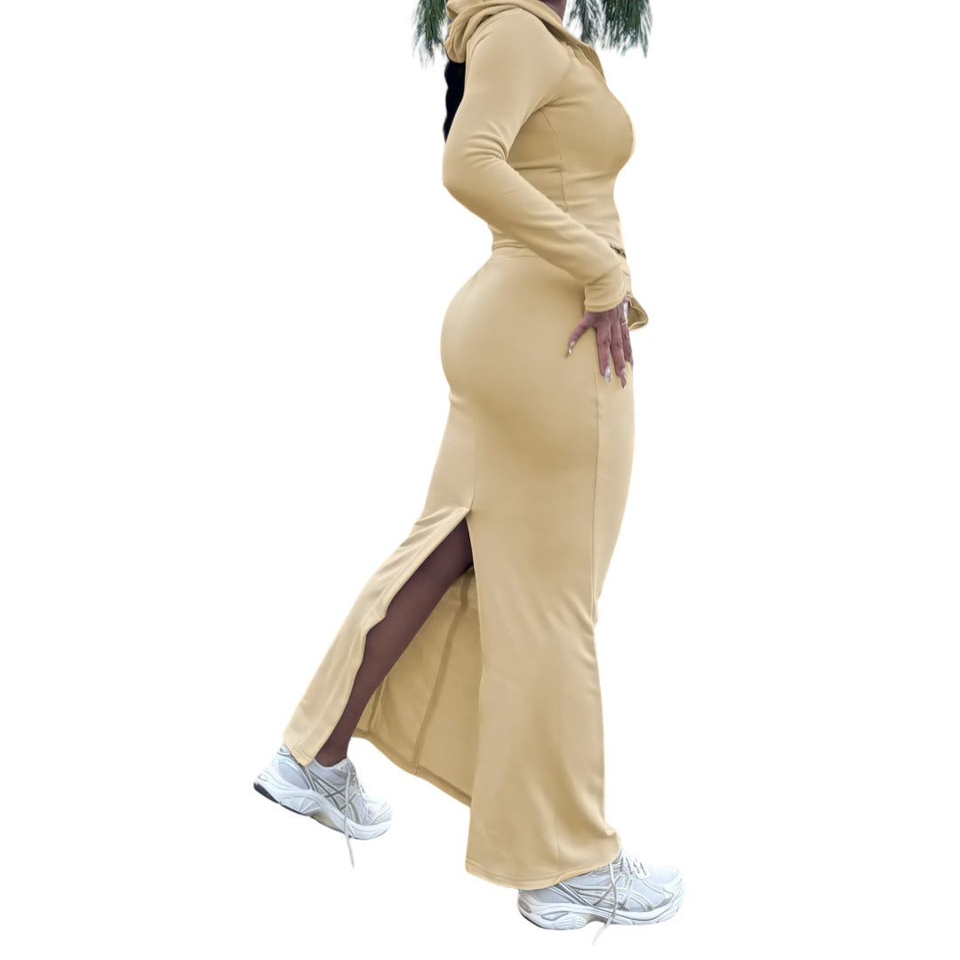 Stylish Solid-Color Hooded Slit Skirt Two-Piece Set