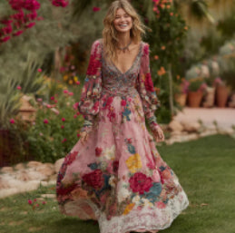 Womens Stylish And Elegant Floral Long-sleeve Dress