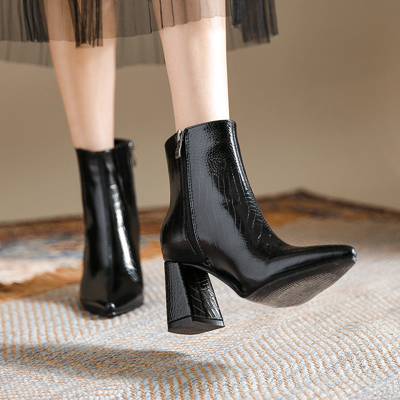Women's Fashion Vintage Patent Leather Pointed Toe Martin Boots