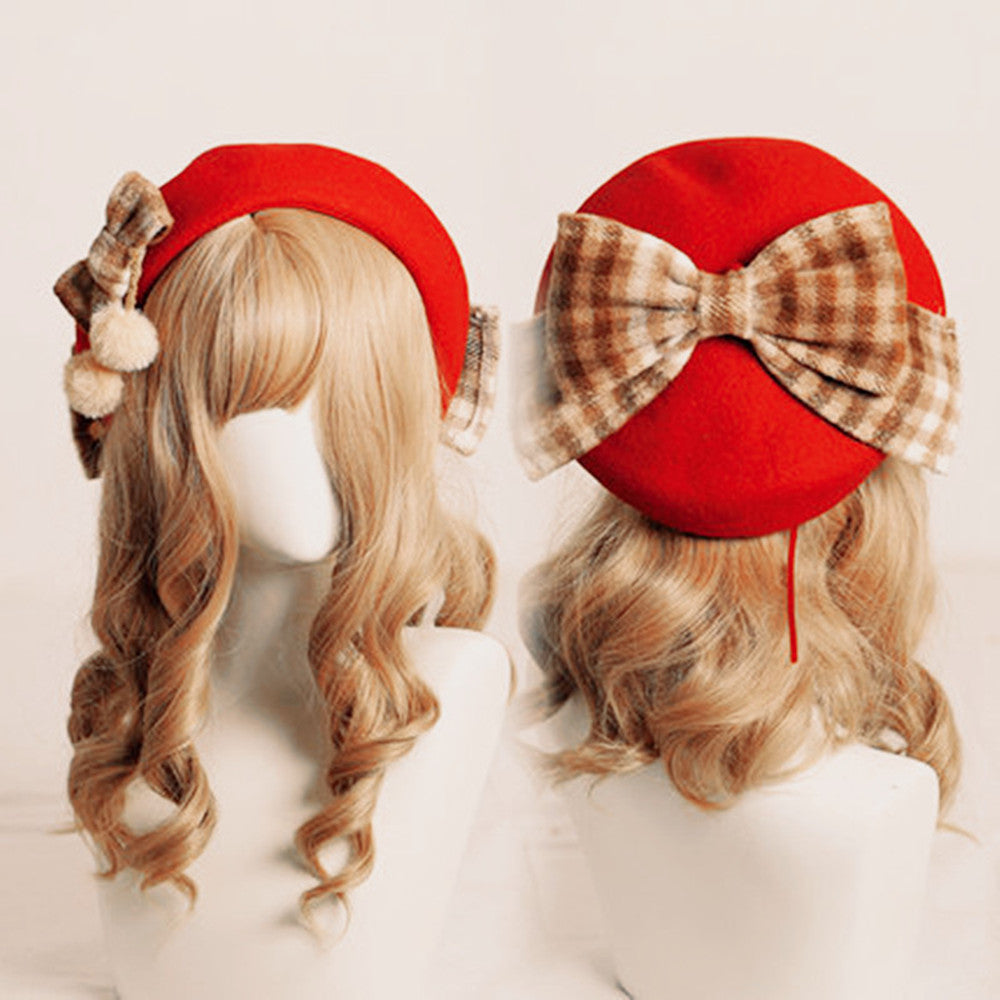 Handmade Plaid Pom Pom Bow Beret