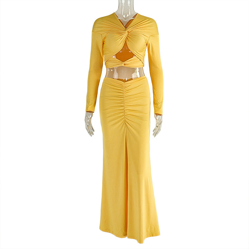 Solid-color V-neck Pleated Skirt Two-piece Set For Women