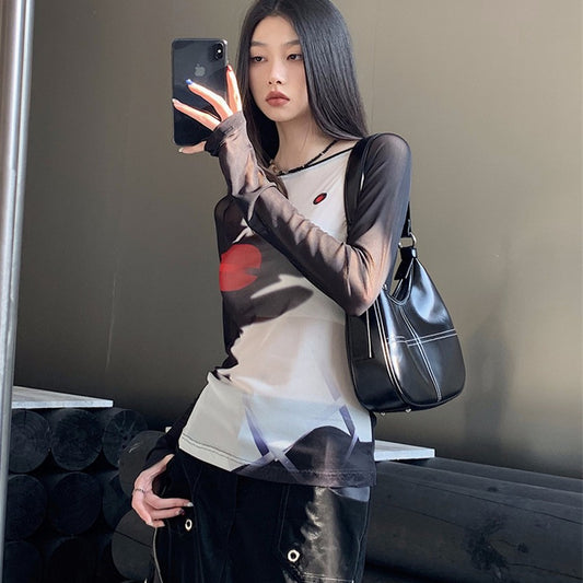 Round Neck Mesh Long Sleeve Printed Bottom Shirt