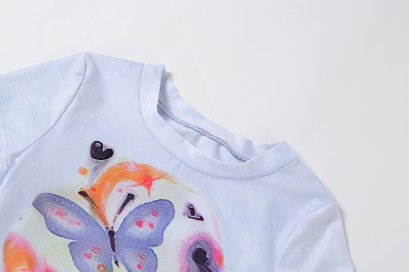 White Butterfly Print Round Neck Slim Fit