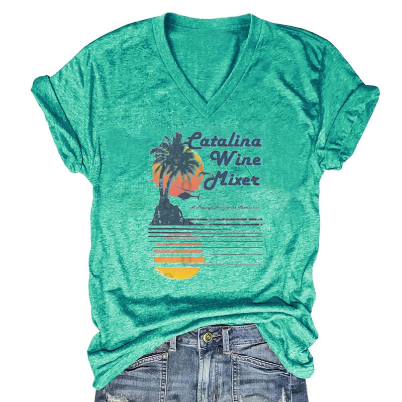 Europe And America Spring And Summer Solid Color Printing T-shirt V-neck Pullover