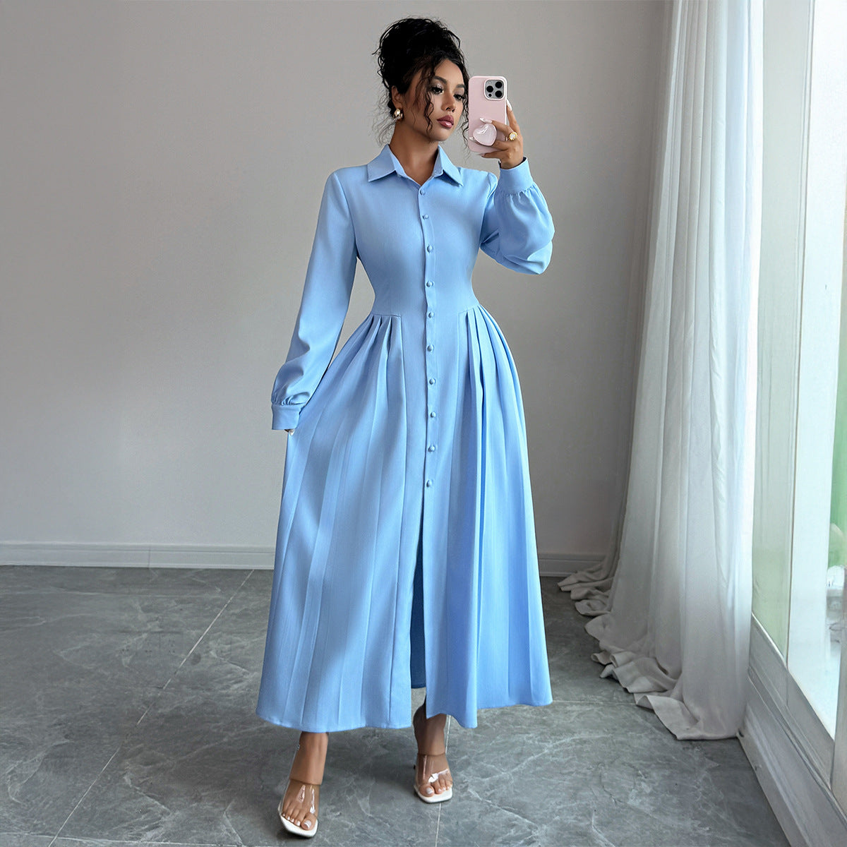Sleek And Stylish Long-sleeve Button-down Womens Dress