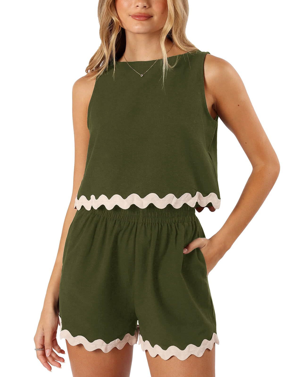 Summer Two-Piece Set Linen Lace-trimmed Crew-neck Tank Top And Short Pants