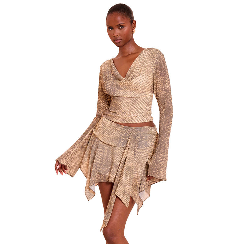 Womens V-neck Long-sleeve Asymmetrical Mini Skirt Casual Set