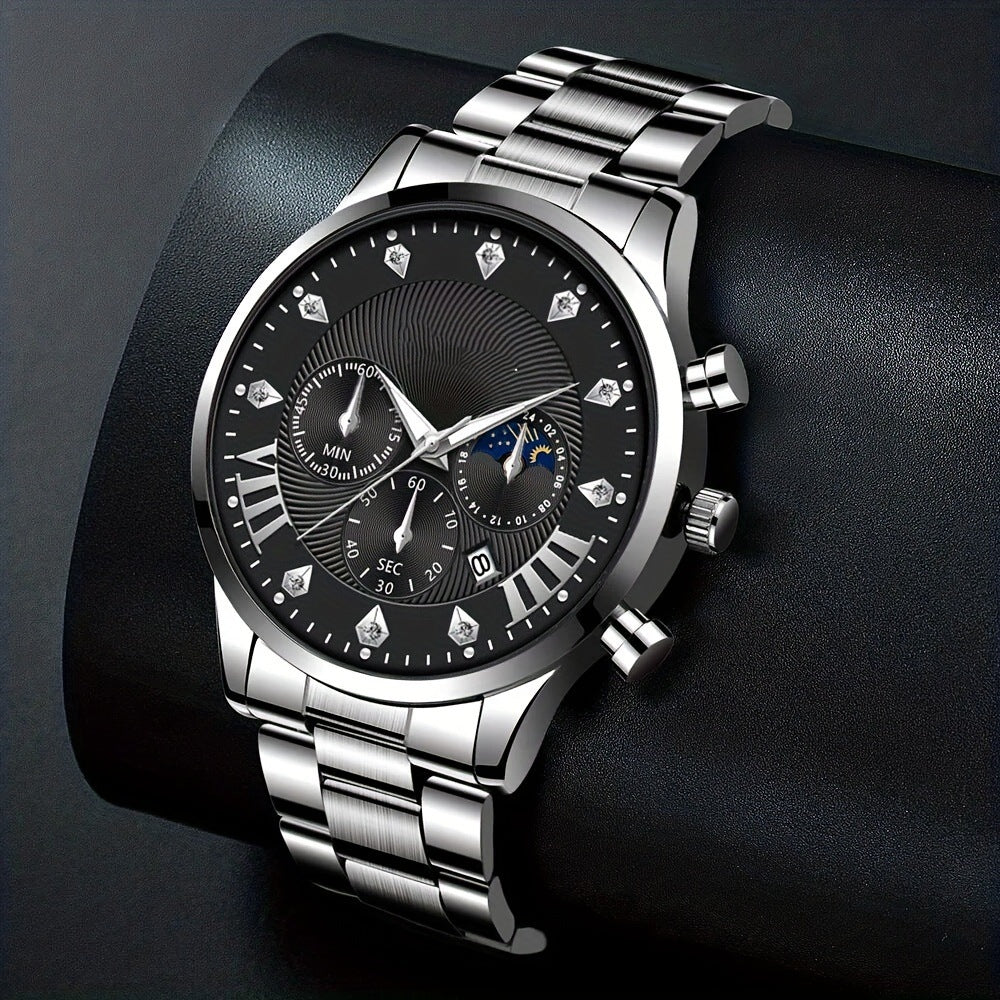 Diamond Men's Steel Strap Watch Sun Moon Star Calendar Quartz