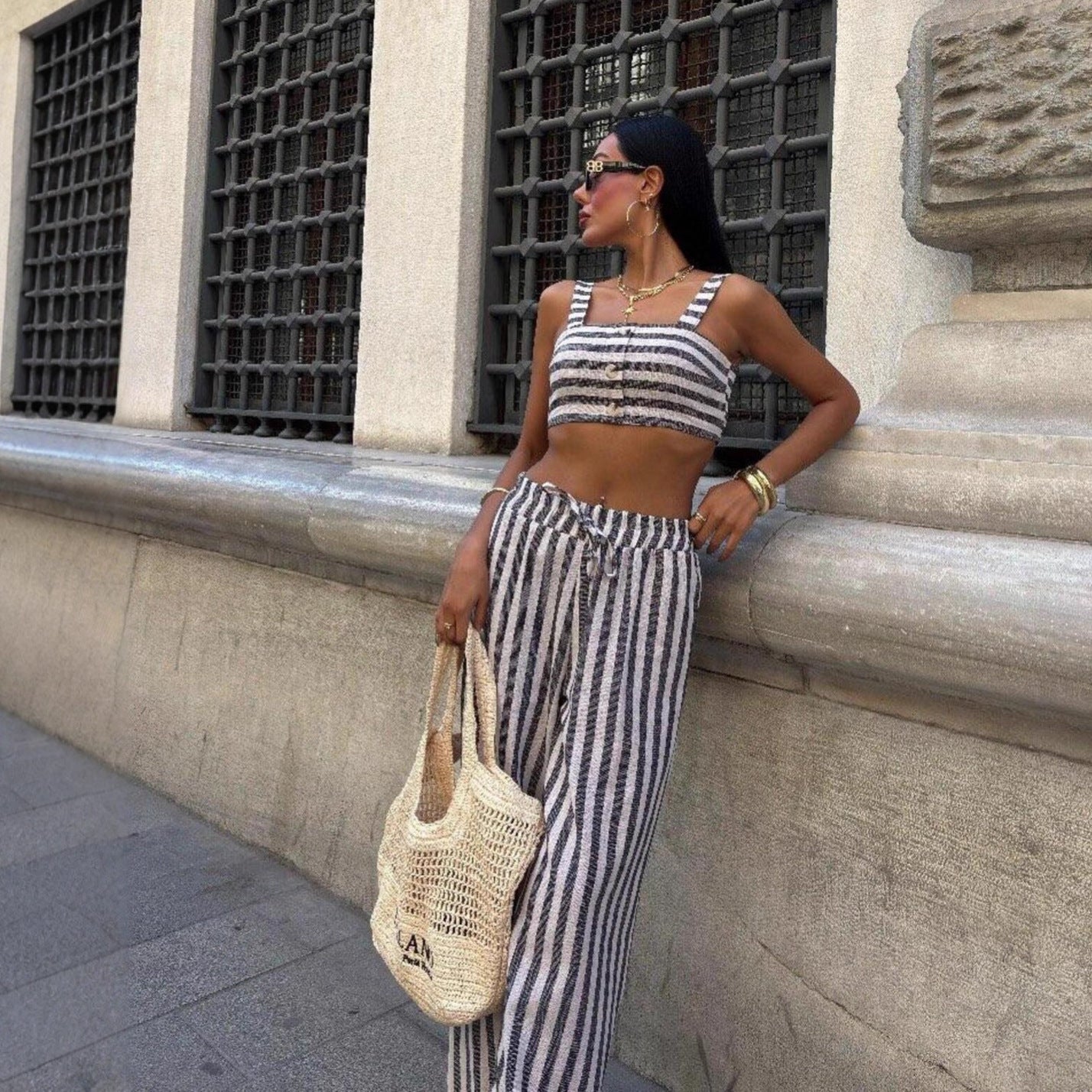 Color Block Camisole And Stylish Elastic Drawstring Pants Two Piece Set