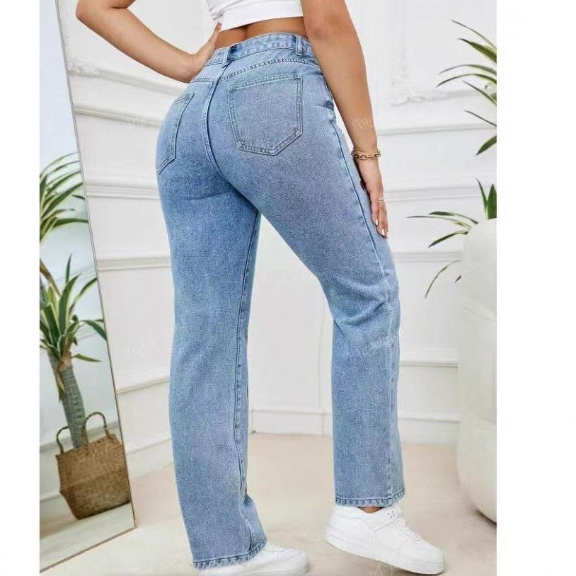 Embroidered Straight-Leg Loose-Fit Stretch Womens Denim Trousers  Affectionate
