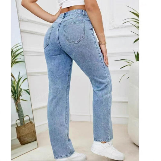 Embroidered Straight-Leg Loose-Fit Stretch Womens Denim Trousers  Affectionate