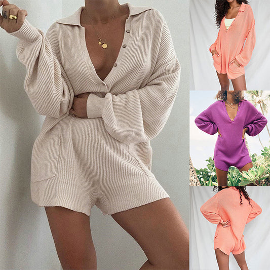 Langærmet ensfarvet jumpsuit med lommer og casual hjemmetøj