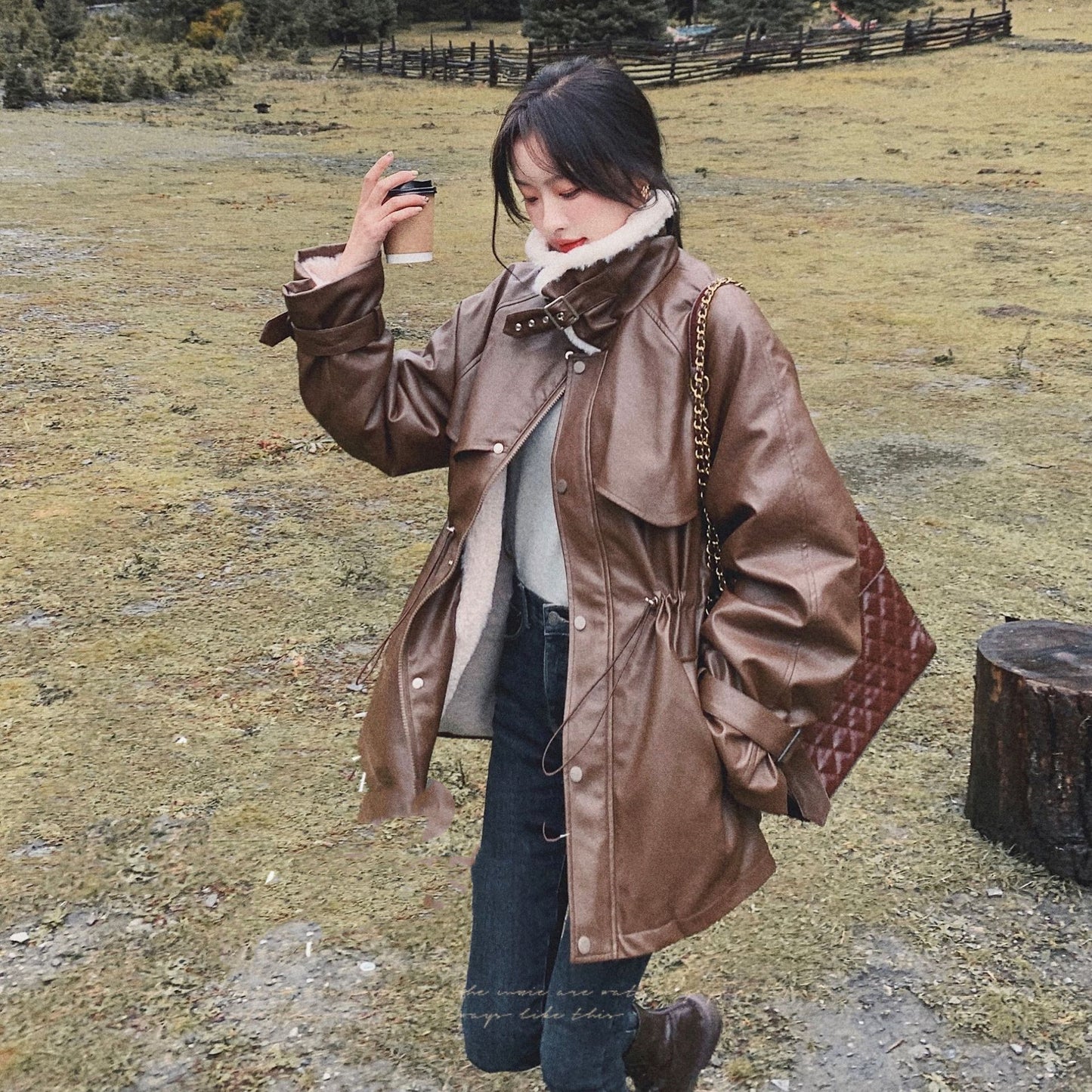 Women's New Leather Motorcycle Jacket Lamb Wool Coat