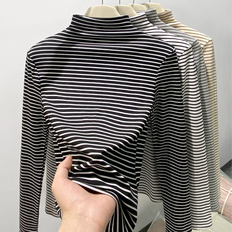 Half Collar Top Pinstripe Long-sleeved T-shirt