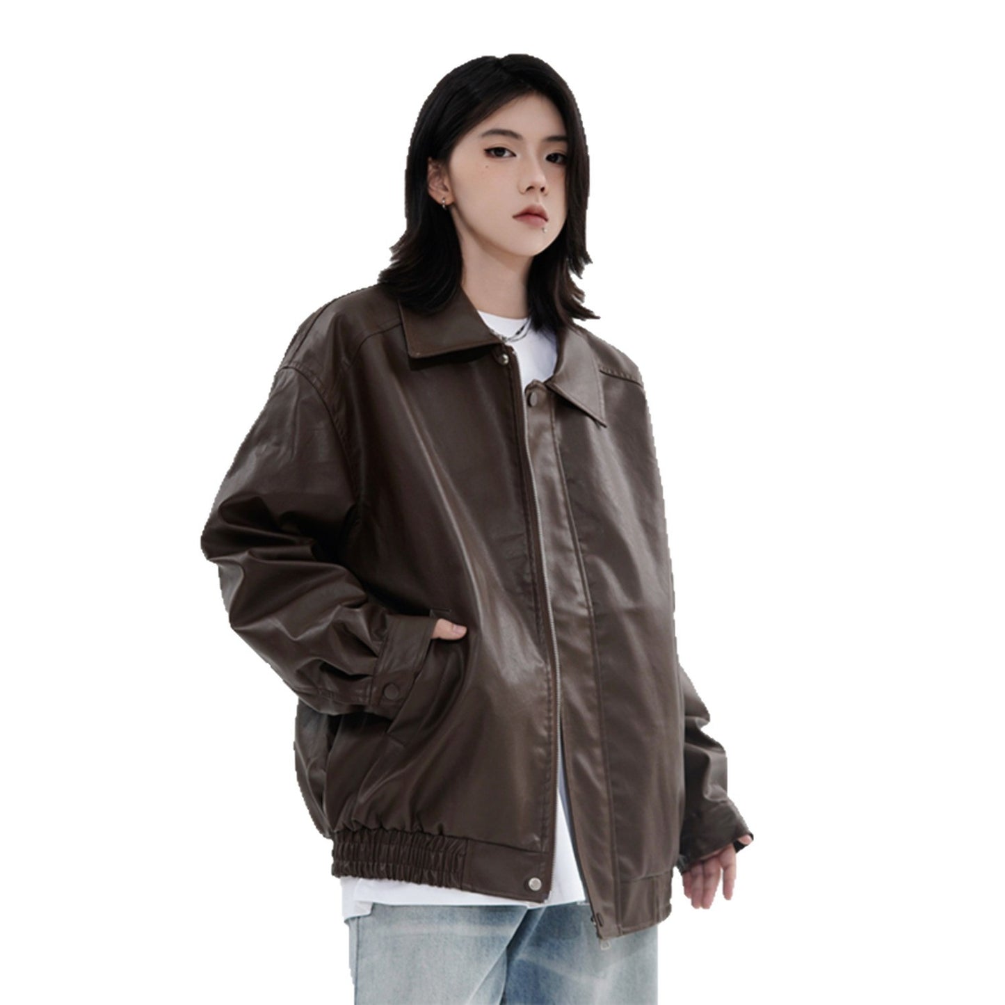 Retro Casual Loose Leather Jacket For Spring And Autumn