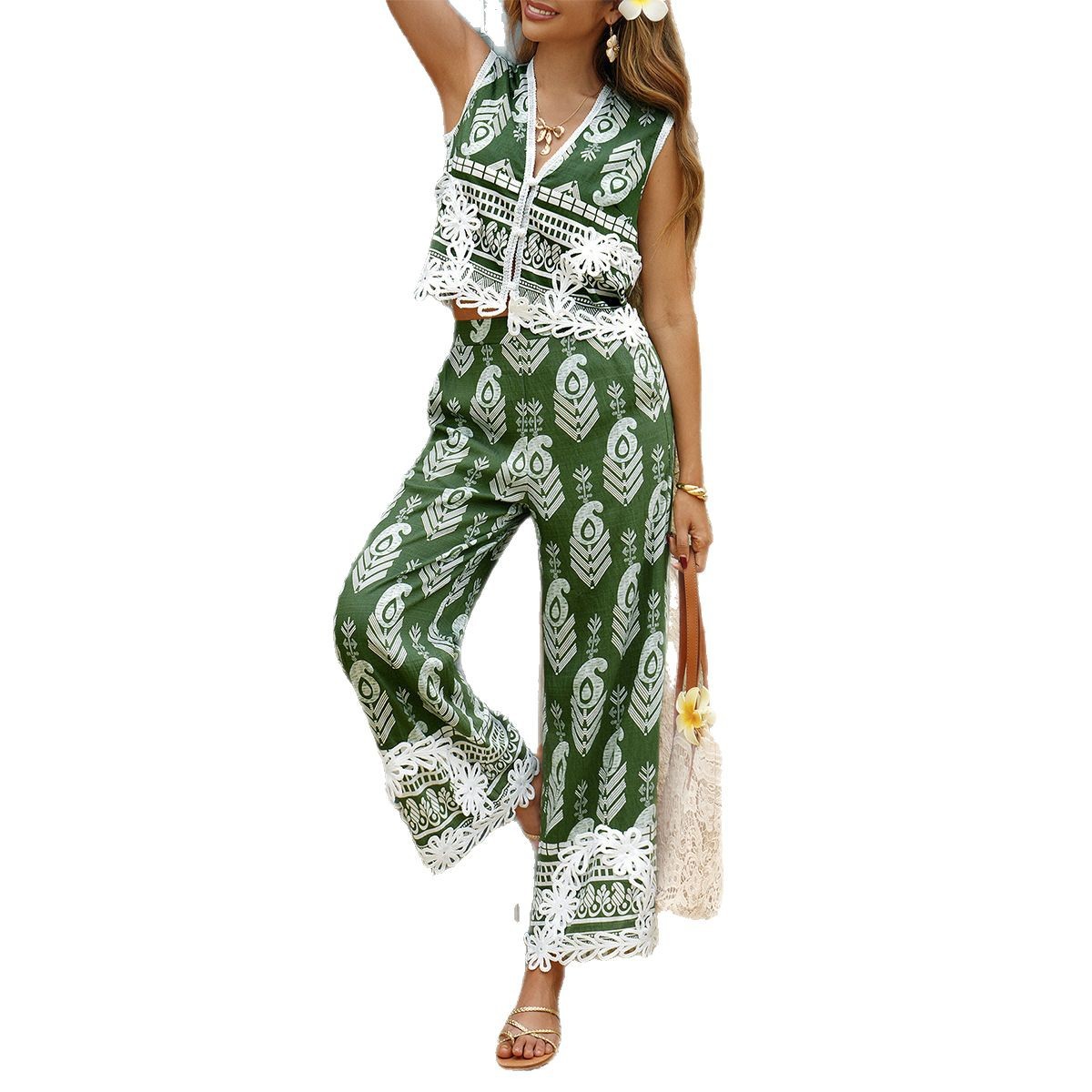 Casual Printed Color-block Vest Top And Pants Set Women's Clothing
