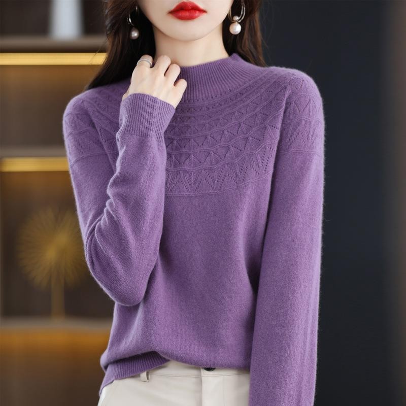 Hollow Wool Base Shirt Women's Clothing Half-collar Wool Sweater